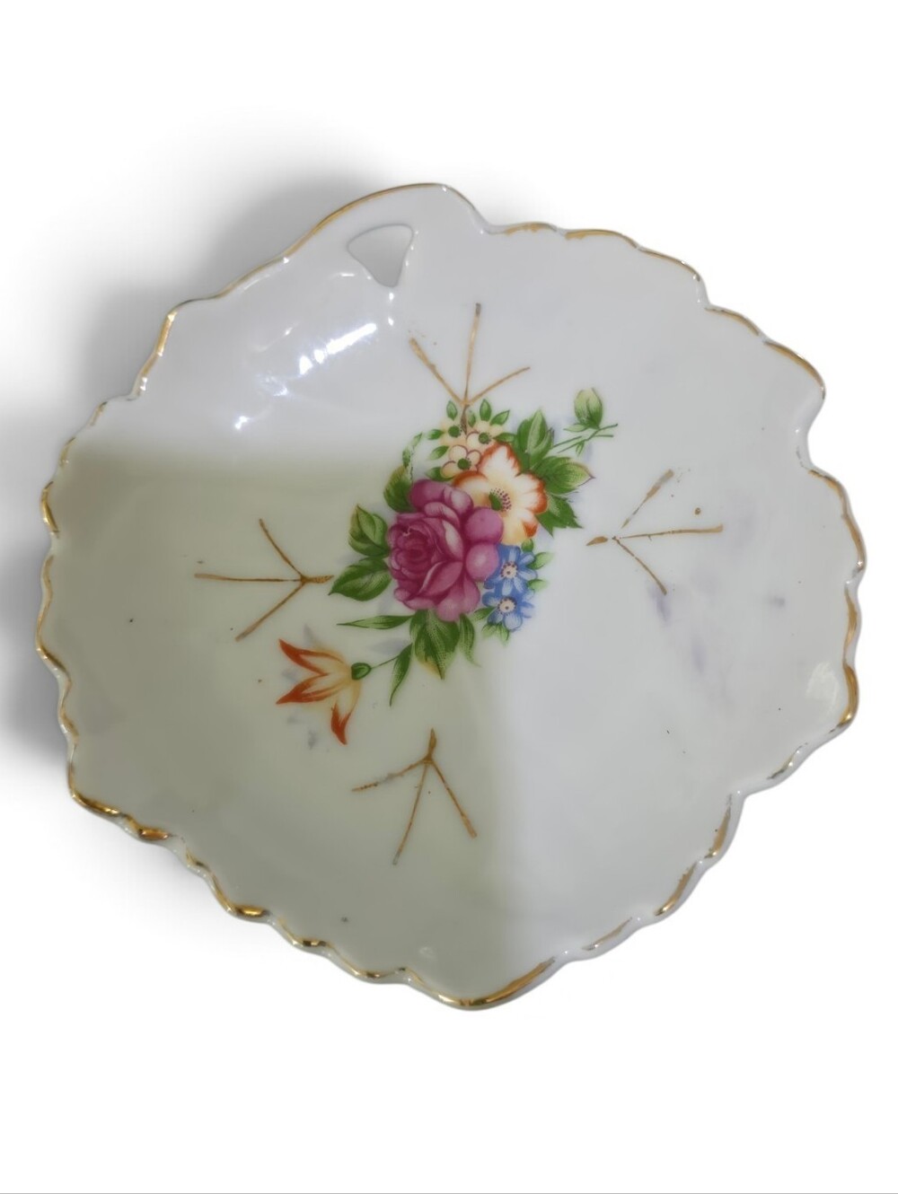Vintage White Floral Porcelain Decorative Dish with Gold Trim